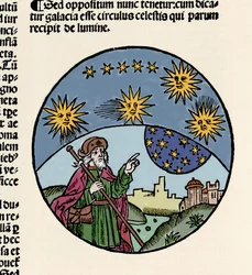 Voorstelling van de Griekse filosoof Aristoteles (384-322 v.Chr.) die de sterren aanwijst. Gravure uit 