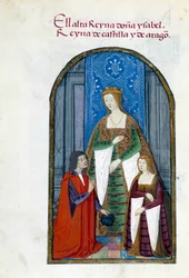 Voorstelling van de koningin van Spanje Isabella de Katholieke, haar dochter Jeanne Iere de Waanzinnige en Pedro Marcuello