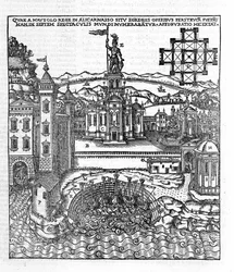 Voorstelling van de Zeven Wonderen van de Oudheid: het Mausoleum van Halicarnassus aan de Egeïsche Zee in het zuidwesten van Turkije. Gravure in 