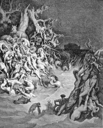 Voorstelling van de Universele Zondvloed. Gravure uit de 19e eeuw.