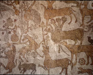 Voorstelling van de denkbeeldige Indiase fauna die de heldendaden van Alexander de Grote (356-323 v.Chr.), koning van Macedonië tijdens de verovering van India symboliseert. Vloer van Pantaleone
