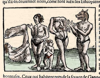 Weergave van de monsters beschreven door Amerigo Vespucci (1451-1512): van links naar rechts: een manopod, een cycloop, een man met twee hoofden, een man zonder hoofd en een man met een hondenkop of cynocephalus. Houtsnede uit Sebastien Munster