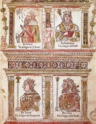 Representatie van de pagina van de koningen: Koning David, Koning Salomo, Koning Turno en Koning Lubba