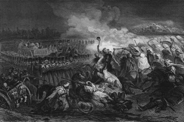 Terugtrekking van de Arabieren voor het plein gevormd door het Franse leger bij Constantine in 1837. In 