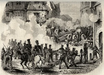 Revoluties 1848 - 1849, Duitsland, Frankfurt - Troepen bestormen een barricade in Frankfurt, Duitsland, op 18 september