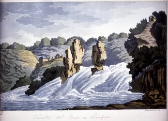 Rijnwaterval in Laufen, Duitsland. Gravure uit het begin van de 19e eeuw.