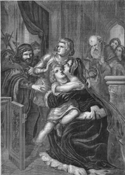 Richard III koning van Engeland ontvoert de kinderen van zijn broer Edward IV (1452-1485) van hun moeder. Gravure uit 1860 gebaseerd op het schilderij van Stilke
