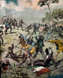 Risorgimento: de Italiaanse revolutionair Carlo Pisacane (1818-1857) wordt bestormd door boeren in Sapri op 28/06/1857. Gravure Privécollectie