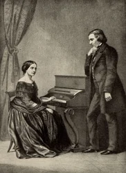 Robert Schumann (1810-1856) met zijn vrouw (prent)