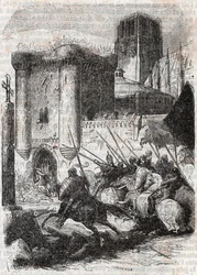 Rodomont breekt de deuren van het Palais in Parijs - gravure uit 1851 van 