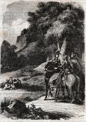 Roger (Ruggero, Ruggiero), Marphise (Marfisa) en de drie vrouwen - gravure uit 1851 van 