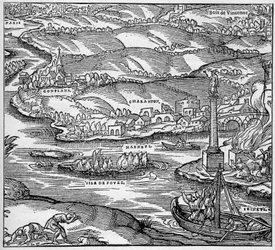 Romeins Gallië: een monument gebouwd door de Parijse zeelieden onder het bewind van Tiberius, bij de samenvloeiing van de Seine en de Marne. Gravure in 
