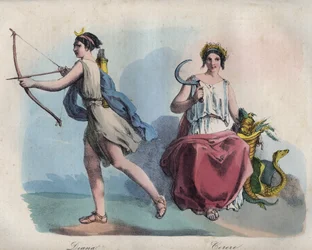 Romeinse mythologie - Diana, de godin van de jacht, en Ceres, godin van de landbouw - gravure uit „Usi e Costumi di Tutti i Popoli dell