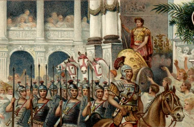 Romeins politiek systeem. De Keizer: Defilé ter ere van de overwinningen van de Romeinse keizer Augustus (Octavianus) behaald in Actium, Pannonia en Egypte. Chromolithografie uit de late 19e eeuw
