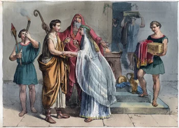 Romeins huwelijk ten tijde van de Republiek - gravure uit „Usi e Costumi di Tutti i Popoli dell