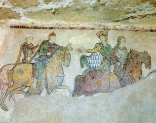 Koninklijke stoet, samengesteld uit koning Hendrik (Hendrik II) aan het hoofd van de stoet, achter hem zijn vrouw Alienor van Aquitanië (of Eleonore van Guyenne 1122-1204) (waarschijnlijk naar de gevangenis geleid in 1173)