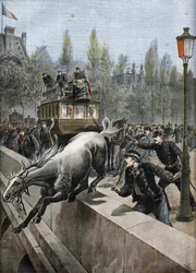 Koninklijke brug in Parijs in 1898: een paard pleegde zelfmoord (print)
