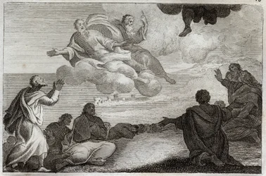 Royaumont Bijbel, Nieuwe Testament: Hemelvaart van Jezus Christus. Christus wordt naar de hemel opgenomen en zegent de apostelen voordat hij in een wolk verdwijnt. Illustratie uit 1811.