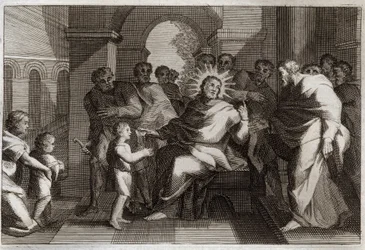 Royaumont Bijbel, Nieuwe Testament: Kind als model van nederigheid. Jezus Christus stelt zijn discipelen een kind voor als model van de nederige christen. Illustratie uit 1811.