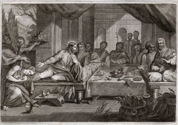 Royaumont Bijbel, Nieuwe Testament: Diner bij Simon de Farizeeër. Maria Magdalena ging huilen aan de voeten van Jezus Christus bij Simon de Farizeeër en verkreeg vergeving van haar zonden. Ze zalft Christus