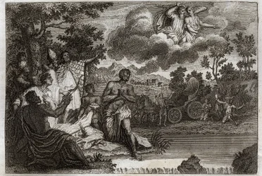 Royaumont Bijbel, Nieuwe Testament: Doop van de eunuch. Sint Filippus Diaken verkondigt het geloof aan een eunuch van de koningin van Ethiopië en doopt hem. Illustratie uit 1811.