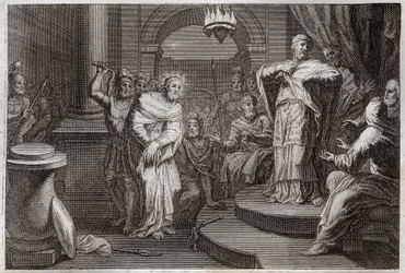Royaumont Bijbel, Nieuwe Testament: Jezus Christus voor Kajafas en Anan (Hanan of Anne of Hanne). Illustratie uit 1811.