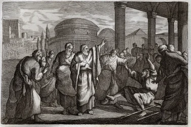 Bijbel van Royaumont, Nieuwe Testament: Genezing van een lamme. Sint Paulus geneest een lamme en stopt een menigte die hem als een god wilde vereren. Illustratie uit 1811