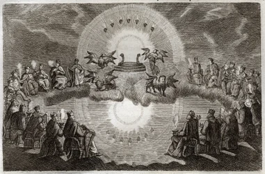 Royaumont Bijbel, Nieuwe Testament: Open Hemel. Een troon verschijnt omringd door een leeuw, een os, een man en een adelaar (tetramorf) en zeven lampen. Vierentwintig oude mensen zittend op tronen omringen deze visie. Illustratie uit 1811.