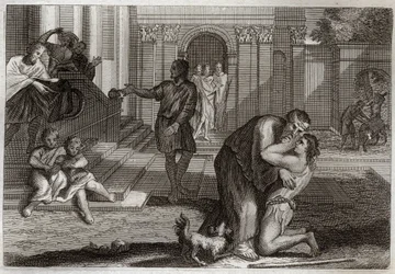 Royaumont Bijbel, Nieuwe Testament: Parabel van de verloren zoon. De zoon keert terug naar huis nadat hij al zijn bezittingen heeft verloren. Hij komt zijn vader om vergeving vragen. Illustratie uit 1811.