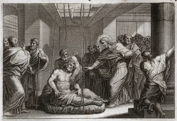 Royaumont Bijbel, Nieuwe Testament: Verlamde. Jezus Christus roept Sint Matteüs en geneest een verlamde in Kafarnaüm. Illustratie uit 1811.