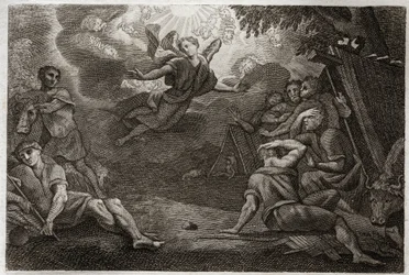 Royaumont Bijbel, Nieuwe Testament: Herders bij de kribbe. Een engel kondigt de geboorte van Jezus Christus aan de herders aan (Aankondiging aan de herders). Illustratie uit 1811.
