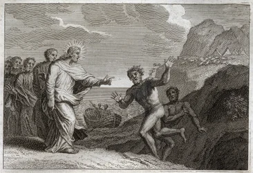 Royaumont Bijbel, Nieuwe Testament: Genezing van een bezetene. Jezus Christus geneest een bezetene die door de demon woedend was gemaakt. Illustratie uit 1811.
