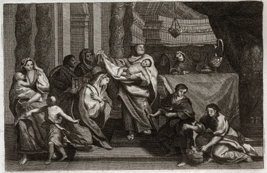 Royaumont Bijbel, Nieuwe Testament: Zuivering van de Maagd of presentatie in de Tempel. De Heilige Familie biedt Jezus Christus aan de Tempel aan en geeft hem aan Symeon (of Simeon of Simon). Een vrouw houdt twee duiven in een mand. Illustratie uit 1811.