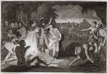 Royaumont Bijbel, Nieuwe Testament: Schipbreuk van Sint Paulus. Hij wordt gebeten door een adder zonder enige schade. Illustratie uit 1811.