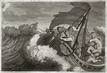 Royaumont Bijbel, Nieuwe Testament: De storm bedaard. De apostelen worden verrast door een storm en wekken Jezus Christus die in hun schip sliep, en hij kalmeert ook de Zee van Galilea. Illustratie uit 1811.