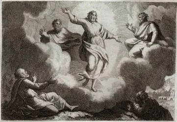 Royaumont Bijbel, Nieuwe Testament: De Transfiguratie van Jezus Christus. Christus omringt Mozes en Elia met daaronder de apostel Johannes, Petrus en Jakobus. Illustratie uit 1811.