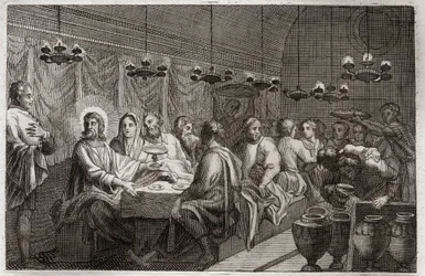 Royaumont Bijbel, Nieuwe Testament: De bruiloft te Kana. Eerste wonder van Jezus Christus die water in wijn veranderde. Illustratie uit 1811.