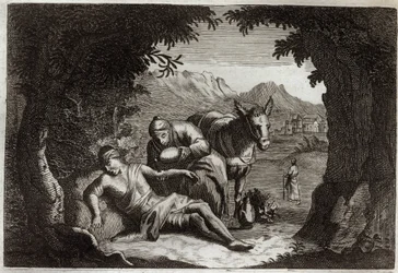 Royaumont Bijbel, Nieuwe Testament: De gelijkenis van de barmhartige Samaritaan. De Samaritaan stopte op zijn weg om de man in nood te helpen. Illustratie uit 1811.