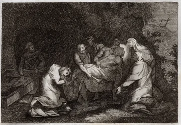 Bijbel van Royaumont, Nieuwe Testament: Graf. Graf van Jezus Christus. Onder de personages rond het lichaam van Jezus Christus: de Maagd Maria, Sint Nicodema, Sint Jozef van Arimathea, Sint Jan de Evangelist en Sint Maria Magdalena. Illustratie uit 1811.