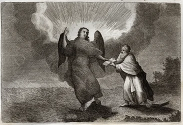 Bijbel van Royaumont, Nieuwe Testament: Visioen van Sint Jan. Visioen van de Engel met een Open Boek geeft Sint Jan om hem te verslinden. Illustratie uit 1811.