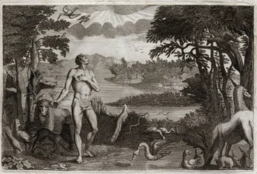 Bijbel van Royaumont, Oude Testament: Schepping van man en vrouw. God die de mens schiep, plaatst hem in het aardse paradijs en verbiedt hem van de vrucht van de boom van kennis van goed en kwaad te eten. Illustratie uit 1811
