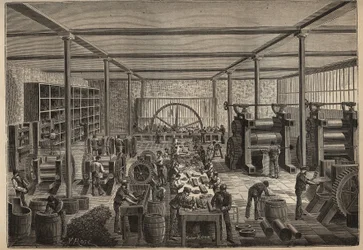 Rubber: rubberfabriek. Gravure uit 1885 in 