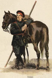 Russisch Kozakkenkostuum. Gravure uit de 19e eeuw. Bianchetti collectie.