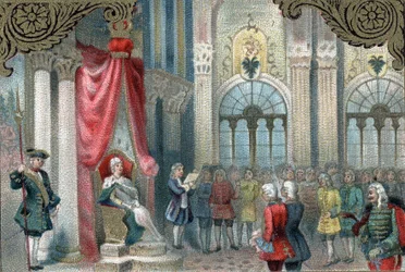 Moderniseringsbeleid van Rusland: Catharina II van Rusland (1729-1796) kondigt de reorganisatie van het Russische Rijk aan. In 1785 gaf ze veel meer macht en rechten aan de edelen van het Rijk. Late chromolithografie van de 19e eeuw.