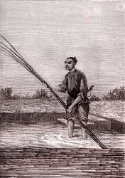 Het roesten van de natte bamboe, papierfabricage in China (3e eeuw v.Chr.) (gravure