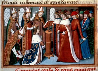 Heilige Koning Karel VII (1422-1461) door de Aartsbisschop van Reims op 17/07/1429 Miniatuur uit 