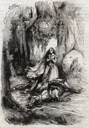 Sacripant (Sacripante) uit het zadel geworpen in aanwezigheid van Angelica - gravure uit 1851 van 