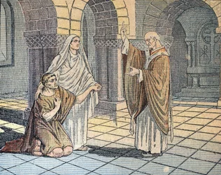 De heilige Augustinus van Hippo (354-430) en zijn moeder Sainte Monique tegenover de heilige Ambrosius (340-397) in Milaan, 387 (De heilige Augustinus van Hippo met zijn moeder st Monica voor de heilige Ambrosius van Milaan, 387) Illustratie uit "Le peleri