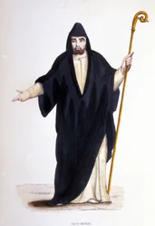 Sint Benedictus van Nursie (geboren in Nurcia in Umbrië rond 480 - 527) (gravure uit een album over religieuze orden, Parijs)
