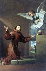 Sint Franciscus van Assisi (1181 of 1182-1226) voor een engel, 19e eeuwse chromolithografie